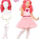 JenPen 4 Pcs Halloween Rise Pink Dress Princess Costume Accessories Set Include Pink Curly Wig Heart Hairpin Heart Stockings with Waist Chain for Women Halloween Cosplay Party Outfit