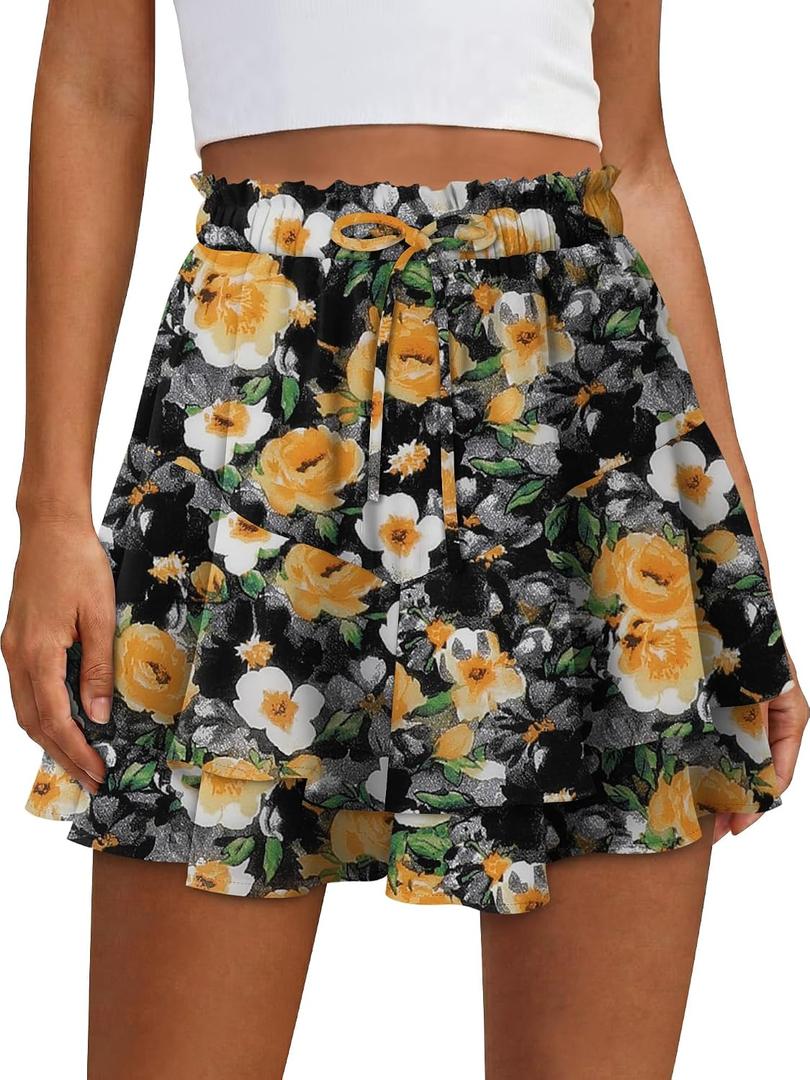 BETTE BOUTIK Women Flowy Tennis Skorts Chiffon Summer Boho Casual Dressy Floral Comfy Cute Mini Skirts Loose Ruffle Western Going Out Chic Shorts Black Yellow Flower M