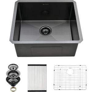 Undermount Kitchen Sink, 21 x 18 x 10 Inch Single Bowl Undermount Sink 16 Gauge T-304 Stainless Steel Gunmetal Black Kitchen Sinks