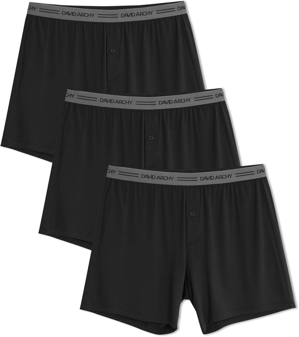 DAVID ARCHY Moisture Wicking Viscose Men's Boxers Silky Soft and Breathable Boxers for Men with Button Fly 3 Pack (Large, Black)
