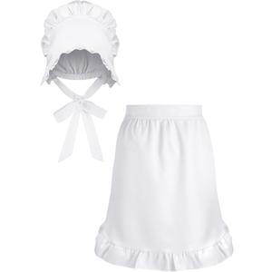 Newcotte 2 Pieces Women Colonial Costume Accessory Set Include White Mob Cap Bonnet Cotton Half Apron for Maid Girl Cosplay Cute