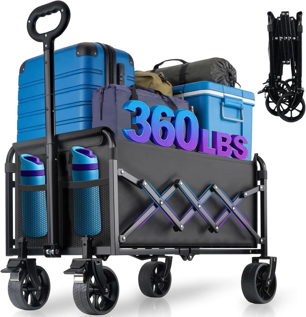360LBS Collapsible Wagon Cart Foldable - Heavy Duty Portable Utility Folding Beach Wagon Cart with 360° Swivel Wheels & Brakes for Groceries Garden Beach Sports Shopping Camping