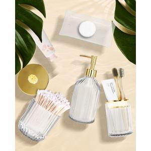 Jenseits Bathroom Accessories Set, 4Pcs Glass Bathroom Set Complete Includes Soap Dispenser, Toothbrush Holder, Apothecary Jar(Qtip Holder), Vanity Tray, Countertop Vanity Organizer, Home Decor