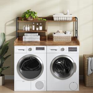 HavenlyYouth Washer and Dryer Countertop with Shelves, 54" x 27.56" 3 Tiers Large Laundry Topper with 2.95" Edge Rails, Laundry Room Storage and Organization with 2 Hooks and Non-Slip Pads, 54" x 27.56" x 19.29"