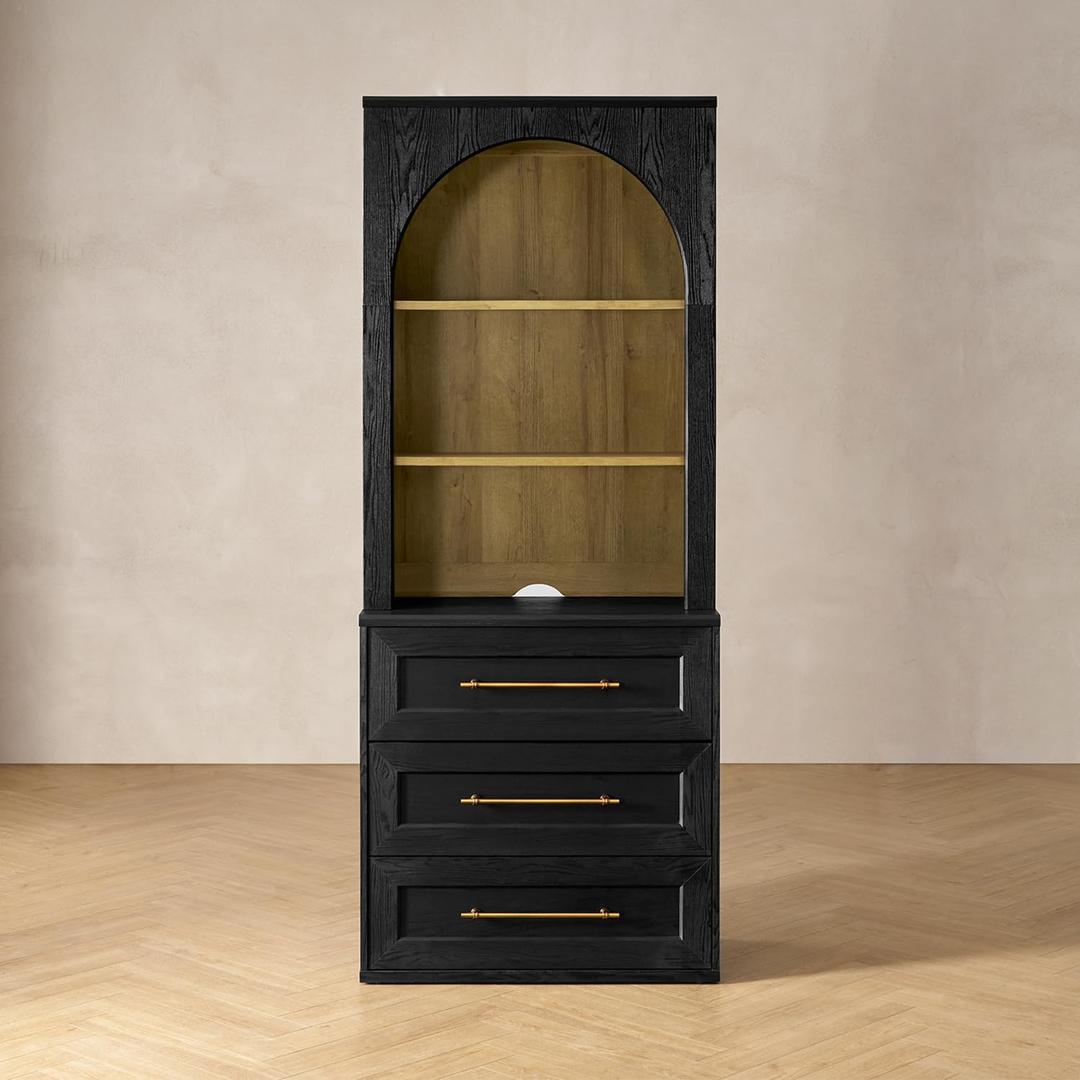 mopio Blake Storage Cabinet with Hutch, Sideboard Buffet Cabinet with Storage, Kitchen Pantry Organizer, Coffee Bar Station, Trophy Display Case with Door & Shelf for Living Room (Black Oak Dresser) (77.4"H)