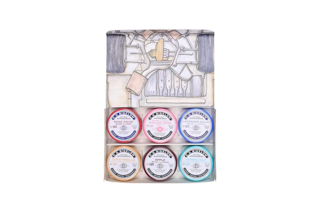 C.O. Bigelow Assorted Salve Tins, Pack of 6 Lip Balm Tins, Rose, Lavender, Sakura Rose, Coco Vanilla, Apple, Herbal Mint All Purpose Salve for Lips, Cuticles, Hands & Dry Skin, Lip Balm Set, 0.8 oz