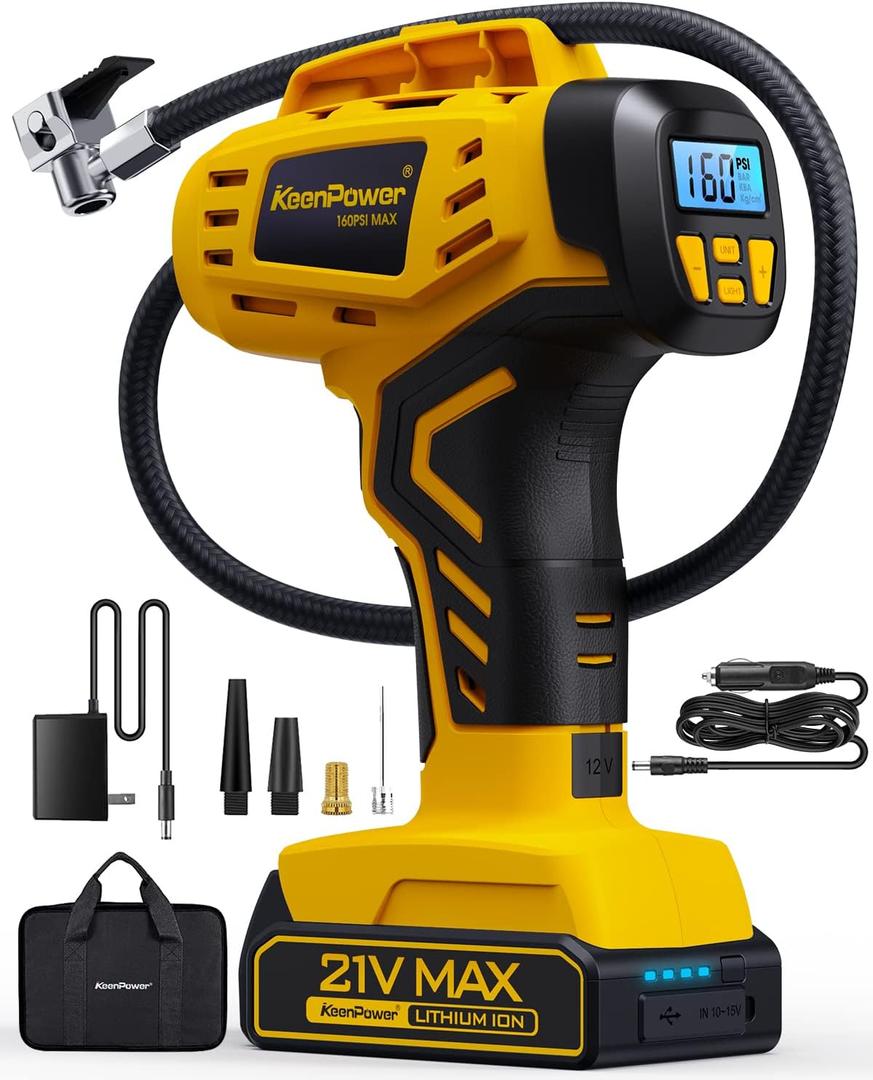 KeenPower Tire Inflator Portable Air Compressor - Super Fast - 21V Rechargeable Battery Powered Handheld 160PSI Tire Inflator, Dual Power Supply Modes, Portable Air Pump for Car Motorcycle E-Bike