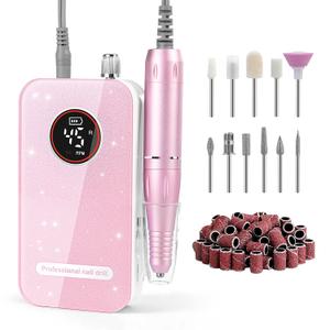 Professional Nail Drill Electric File 45000RPM, Portable Rechargeable Electric Nail File with 11 Drill Bits & 50 Sanding Bands, Low Noise Nail Drill Kit for Acrylic Gel Nails, Salon & Home Use, Pink