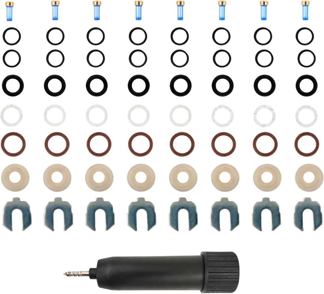 Fuel Injector Repair Seal Kit Compatible with GMC Yukon XL Sierra 1500 Chevy Tahoe Suburban Silverado 1500 2500 V6 4.3L V8 5.3L Replace 12668390 Micro Filters Buckle O-ring Cap 8 Sets