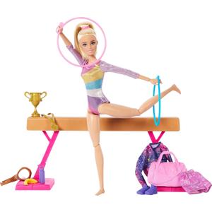 Barbie Gymnastics Doll & Accessories, Playset with Blonde Fashion Doll, C-Clip for Flipping Action, Balance Beam, Warm-Up Suit & More