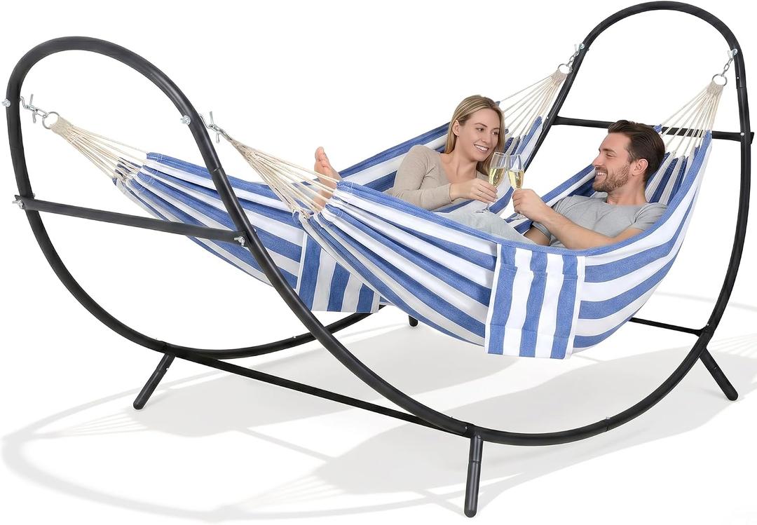 Hammocks for Outside with Stand, Porch Hammock and Stand, 475 lbs Capacity, Patent Pending, Blue & White