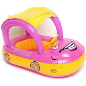 Baby Pool Float with Canopy Summer Steering Wheel Sunshade Swim Ring Car Inflatable Toys Infants Float Seat Boat for Kids Toddlers (Pink)