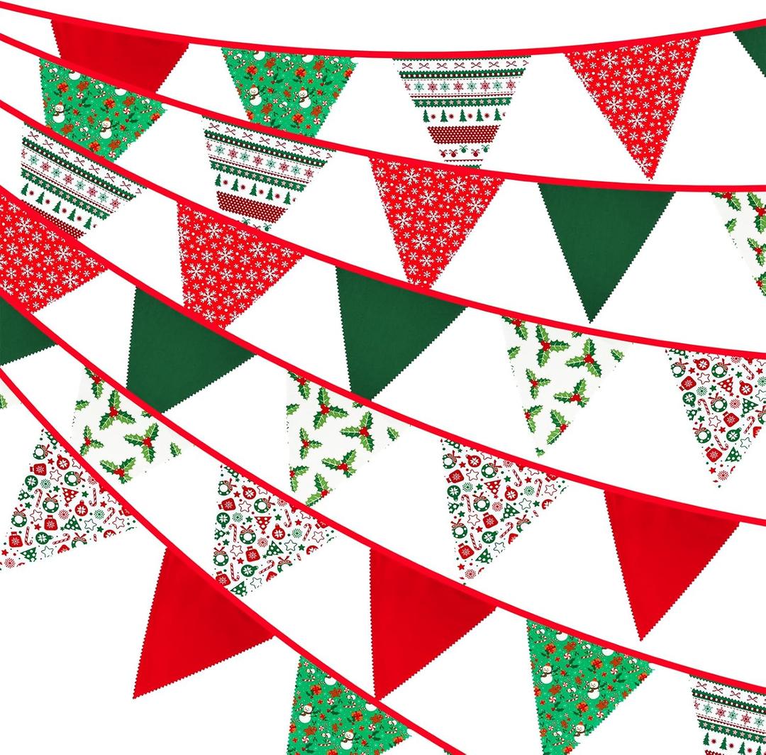 G2PLUS Christmas Triangle Bunting Banner, 39Ft Cotton Pennant Banner, Red and Green Fabric Flags for Holiday, Home and Party Hanging Decorations