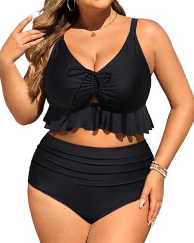 Daci Women Plus Size Two Piece Swimsuits - High Waisted Bikini Set Ruffle Tummy Control Bathing Suits with Bottom, XXL