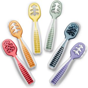 NumNum Baby Spoons Set, Baby Essentials Pre-Spoon GOOtensils for 6+ Months, First Stage Self-Feeding Spoons for Baby Led Weaning (BLW), Silicone Toddler Utensils, BPA-Free, 6 Pack Rainbow