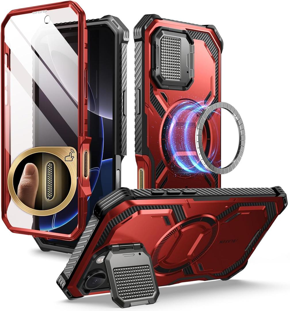 i-Blason Armorbox for iPhone 16 Pro Max Case MagSafe [Camera Control Button Cover] [Camera Cover Stand] [Military Protection] Full-Body Magnetic Phone Case with Built-in Screen Protector (Red)