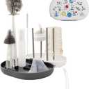 Bottle Brush Set -Baby Travel Essential-6 in 1 Bottle Cleaner Kit with Silicone Bottle Scrubber, Nipple Cleaner, Straw Brush, Drying Rack, Soap Dispenser, Storage Box - Home and Travel (White/Gray)