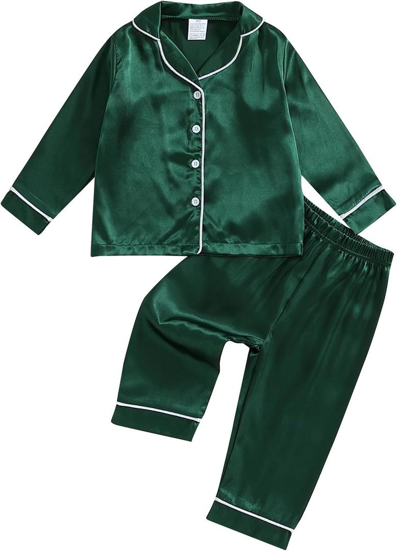 Multitrust Baby Girls Boys Silk Pajamas Set Solid Long Sleeve Button Down Shirts Tops and Pants Infant Satin Pj Lounge Sets (6-7 Years, Green)