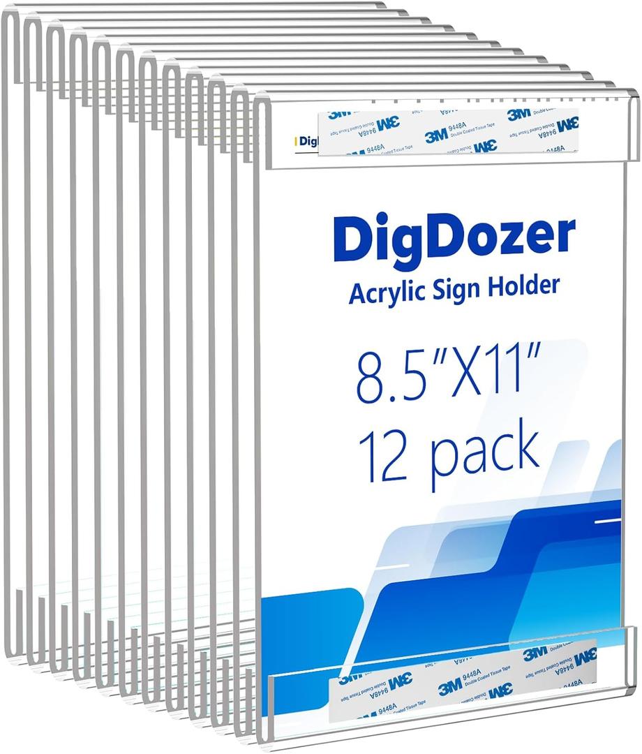12 Pcs Acrylic Sign Holder 8.5 x 11, Vertical Wall Mount Sign Holders with Adhesive, Clear Plastic Frames Paper Display Sign Holders for Office, Home, Store, Restaurant - No Drilling (8.5x11inch-12pcs)