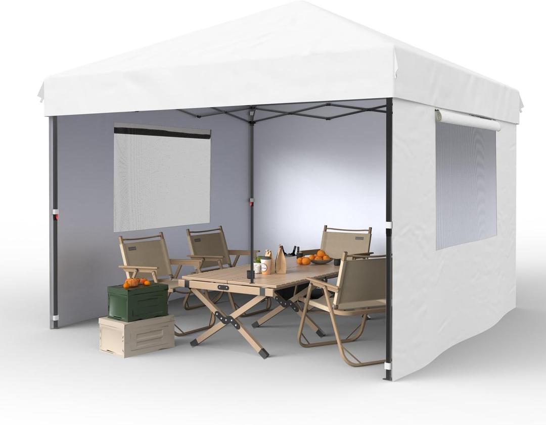GarveeLife 10x10 Pop Up Canopy with Removable 3 Sidewalls - Easy Up Camping Tent with One Button Push Setup - 1 Roller Bag, 3 Adjustable Height, 4 Weight Bags for Deck, Garden, Sports, Beach, Party - White