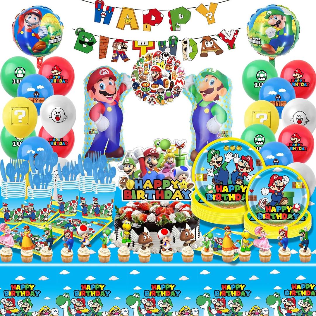 189 PCS Mario Birthday Party Supplies, Party Decorations Includes Balloons, Film Balloons, Plates, Cups, Banners, Knives, Forks, Spoons, Napkins, Stickers, Cake Topper, Cupcake Toppers, Tablecloth