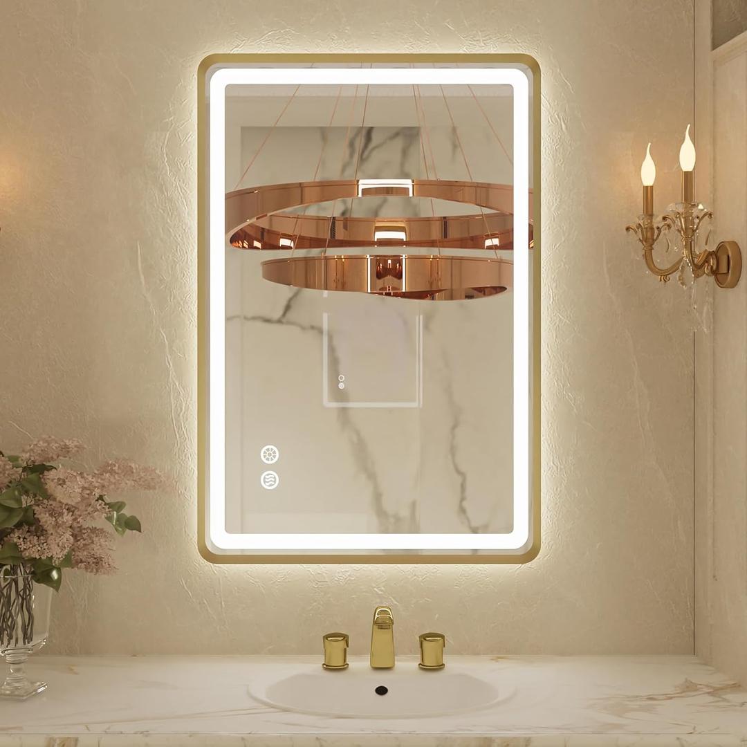 24x32 Inch LED Bathroom Mirror with Round Corner Gold Framed, Lighted Vanity Mirrors with Lights, Front Light and Backlit, Stepless Dimmable, Anti-Fog, Memory, 3 Colors Wall-Mounted Mirrors