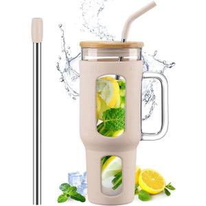 Glass Tumbler with Lid and Straw, 46 oz Iced Coffee Cup with Handle, Glass Water Bottles with Silicone Sleeve, Glass Cup with Straws - Pearl Straw & Drinking Straw BPA Free-Amber