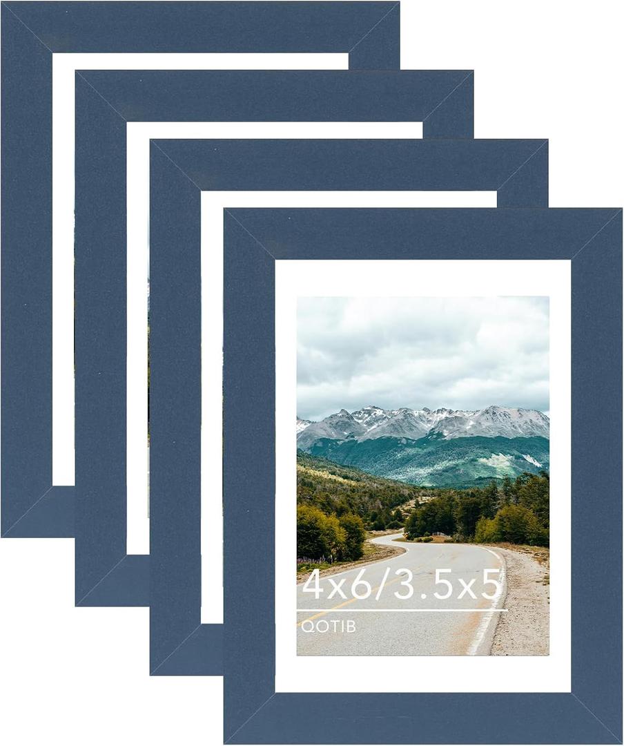 4x6 Picture Frame with 3.5x5 Mat, Display 3.5x5 with Mat or 4x6 Without Mat, Wood 4 by 6 Photo Frame, 4 x 6 Frame for Wall Hanging and Tabletop Display, 4 Pack, Navy Blue