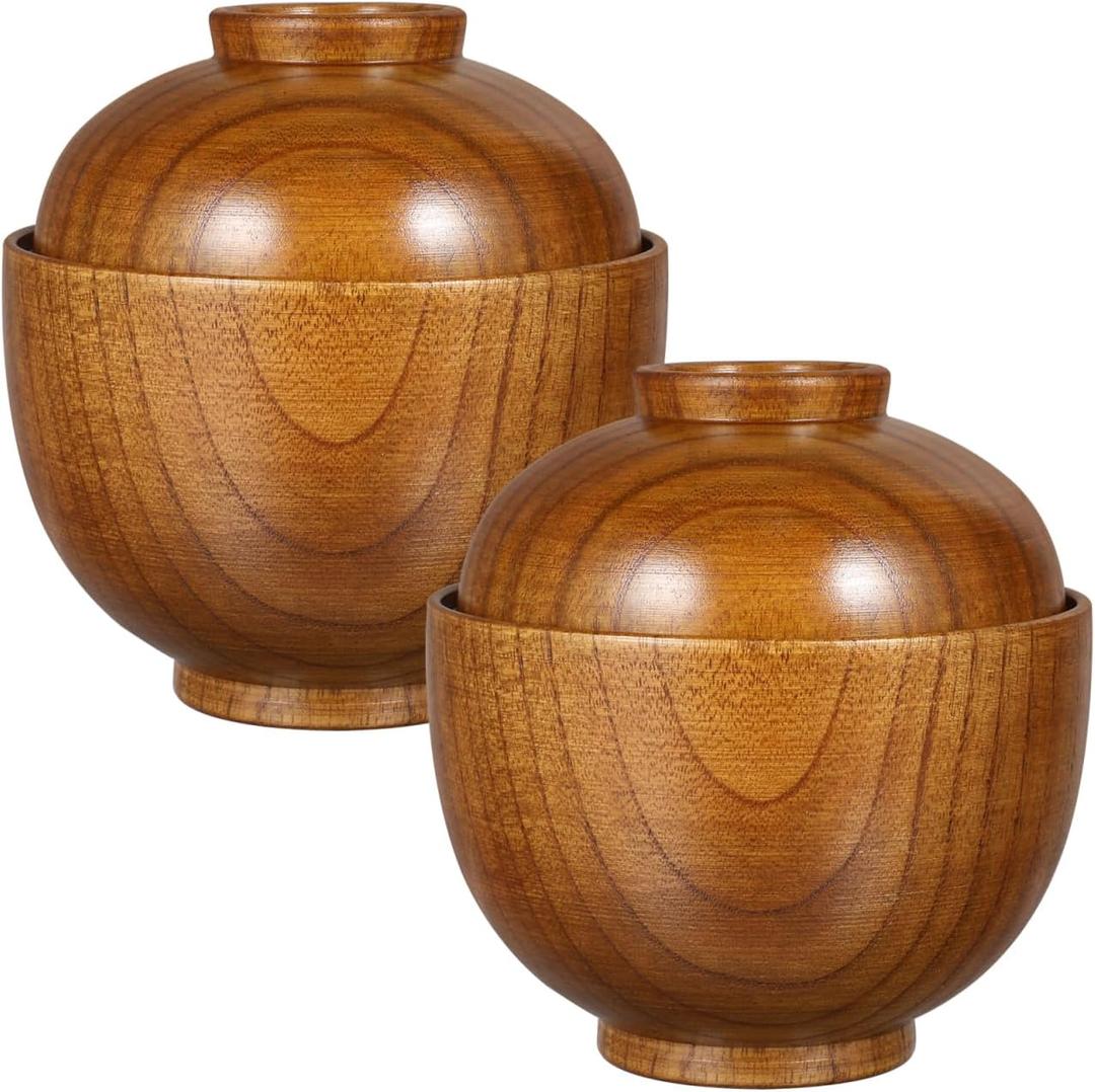 Luxshiny Set of 2 Miso Soup Bowls with Lid: Wooden Soup Bowls for Home Kitchen Restaurant - Brown