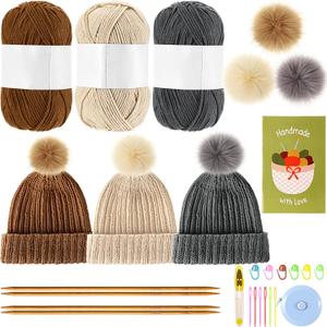 Maasechs Knitting Kit for Beginners Adults Complete Hat Knitting Kits Learn to Knit Kits with Yarn Bamboo Needle Pom Pom Step-by-Step Instruction Knit Accessories for Christmas Women Men Gift(Dark)