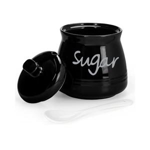 Porcelain Sugar Bowl with Lid and Spoon, 12 Ounces Ceramic Sugar Storage Jar, Sugar Container for Home and Kitchen (Black)
