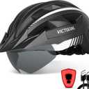 VICTGOAL Bike Helmet with USB Rechargeable Rear Light Detachable Magnetic Goggles Removable Sun Visor Mountain & Road Bicycle Helmets for Men Women Adult Cycling Helmets (M: 54-58 cm, Black White)