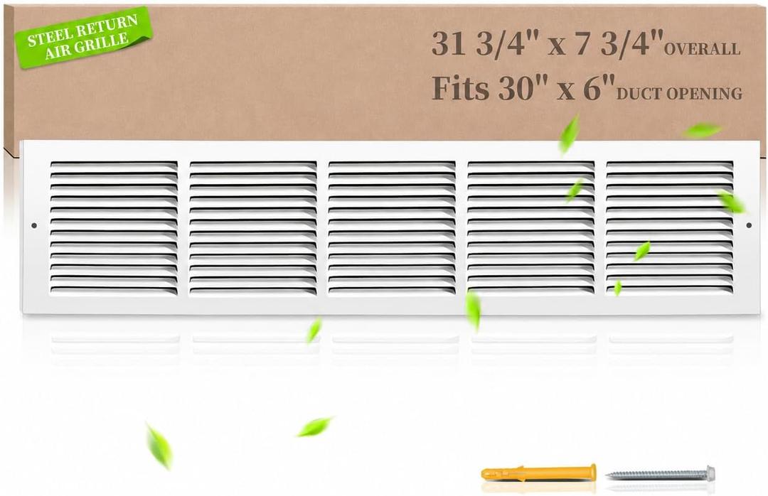 30x6 Steel Return Air Grille, HVAC Vent Cover Fits 30"W x 6"H Duct Opening