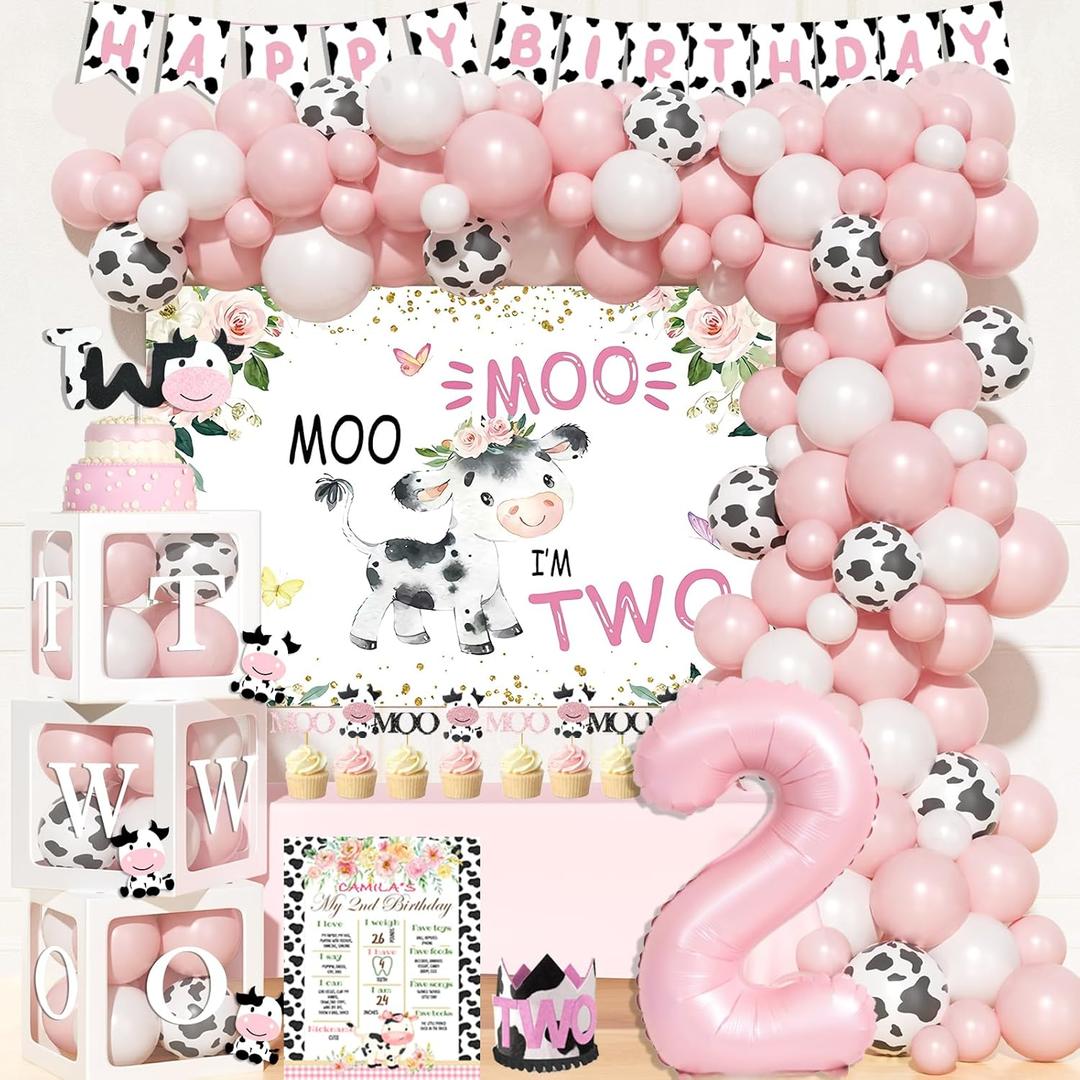 Moo Moo Im Two Birthday Decorations Girl, 2nd Birthday Decorations for Girl, Cow Theme Backdrop Balloon Banner Cake Toppers Boxes Cutout Crown Poster for Girls Two Years Old Party Supplies