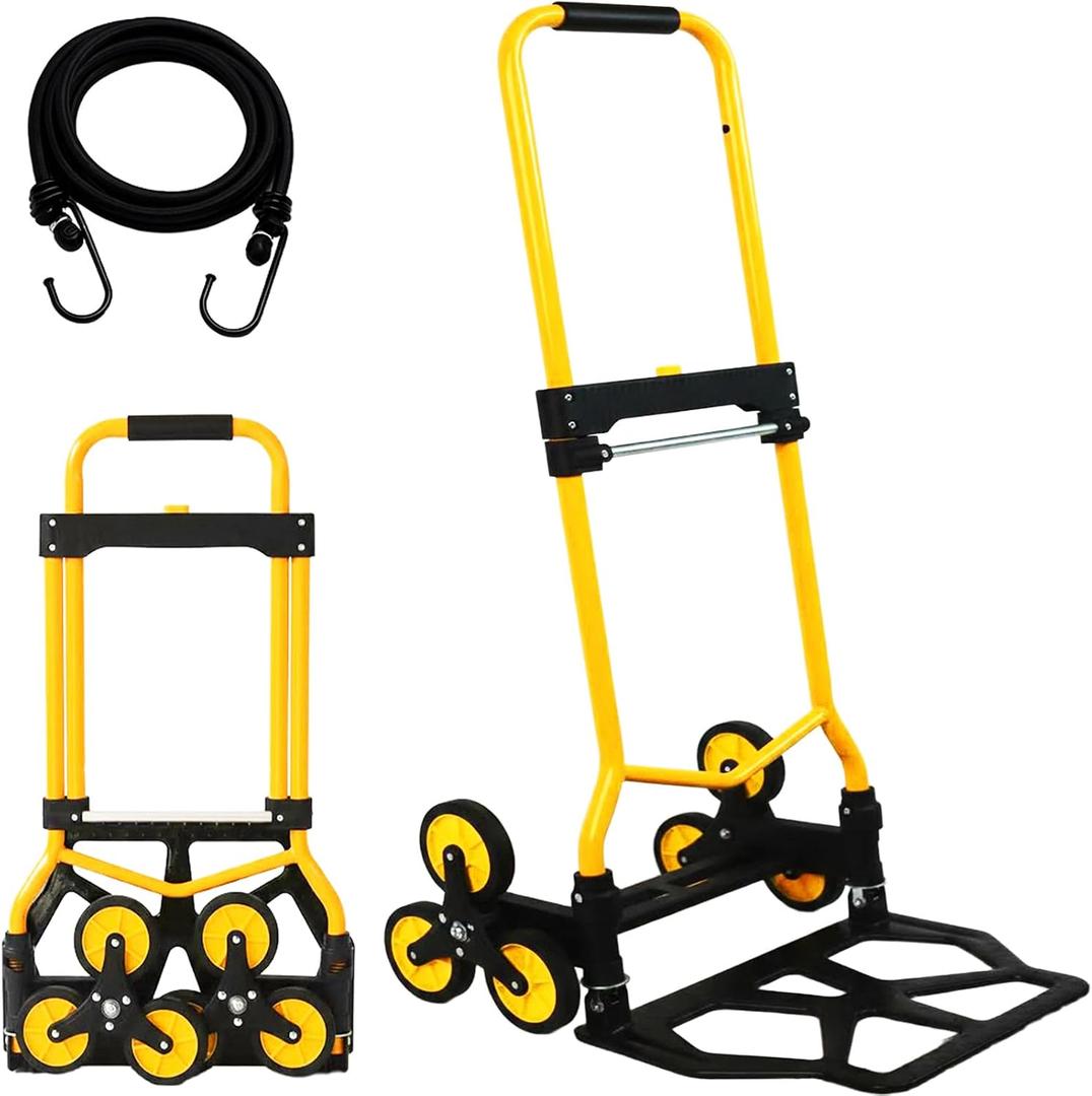 Heavy-Duty 220LB Capacity Stair Climbing Hand Trucks, Stair Climber Cart Dolly Hand Truck with 6 Wheels and One-Touch Retractable Handle for Home Stairs, Moving, Groceries, Warehouse(Yellow)