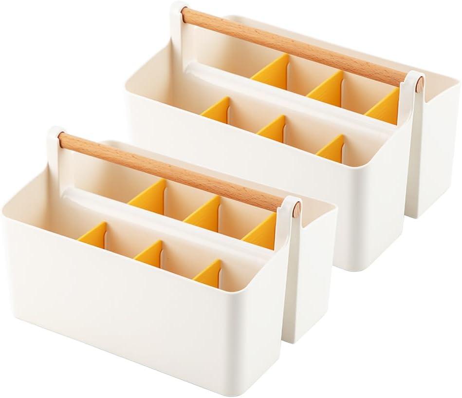2 Pack Art Caddy Organizer Portable,Marker Box, Large Pen Holder for Desk, Art Supply Storage Bin with Adjustable Dividers for Colored Pencils,Markers,Craft Organizers (Yellow Divider)