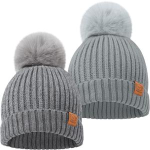 2-Pack Baby Hats for Girls, Boys - Stretchy Baby Beanies, Cute Newborn & Toddler Winter Hat, Soft & Warm Pom Pom Beanie for Infant, Toddler, Boys, Girls 6-36 Months (Steel, M)