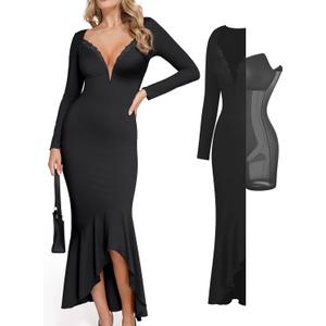 Popilush Long Sleeve Cocktail Dress for Women Shapewear Tummy Control Party Dresses Deep V Neck Lace Mermaid Maxi Dress (Large, Black) Popilush Long Sleeve Cocktail Dress for Women Shapewear Tummy Control Party Dresses Deep V Neck Lace Mermaid Maxi Dress (Large, Black)