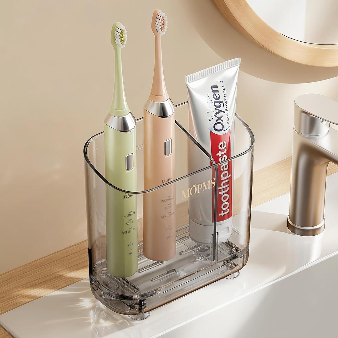 MOPMS Toothbrush Holders with Drainage for Bathrooms Countertop Organizer | 2 Slots Electric Toothbrush Holder Wall-Mount with Divider for Easy Clean, Tooth Brush and Toothpaste Holder for Bathroom, Grey