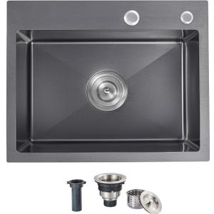 25x18x9 Inch Drop in Kitchen Sink, Handmade 304 Black Stainless Steel Single Bowl, Topmount with 2 Holes, R10 Tight Corner, for Modern Kitchen/RV/Outdoor Sink