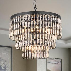 Wellmet 3 Tiers Black Modern Crystal Chandelier, 9 Lights Farmhouse Ceiling Light Fixture for Dining Room, Adjustable Hanging Pendant Lighting for Kitchen Island, Living Room, Entryway, Foyer, W-24in