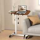 Pnettco Adjustable Side Table, Large Overbed Table with Wheels, CTable Adjustable Height Bed Desk Bedside Tv Tray Sofa Couch Laptop Rolling for Living Room/Kitchen, 60 * 40 cm, Brown
