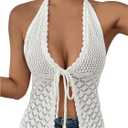SOLY HUX Women's Crochet Tie Front Halter Neck Crop Camisole Top Swimsuit Cover Up Beachwear, S