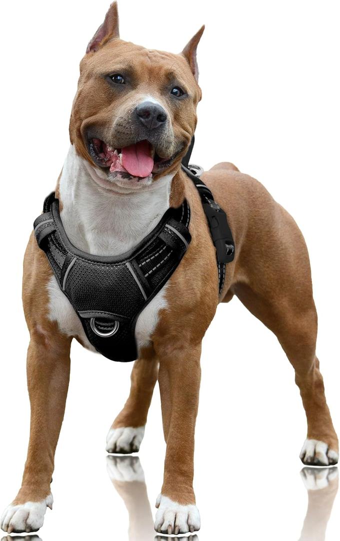 BARKBAY No Pull Dog Harness Large Reflective Dog Harness with Front Clip and Easy Control Handle for Walking Training Running with ID tag Pocket (Black,L)