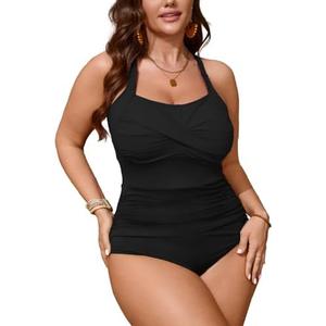 SCOMCHIC Women Plus Size One Piece Swimsuit Tummy Control Bathing Suit Color Block Ruched Swim Suits Swimwear, 2XL