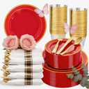 WDF Partyware 350Pieces Red Plastic Plates with Gold Rim Include 50Dinner Plate 10inch 50Dessert Plate 7inch 50 gold Cups 9 OZ, 50 Pre Rolled Napkins for Party/Baby Shower/Wedding/Spring/Mother's Day