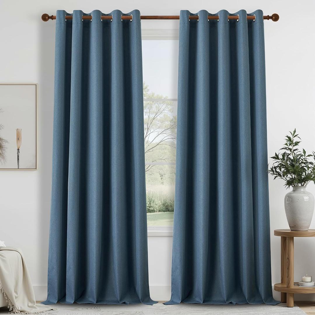 DONREN Total Blackout Linen Curtains 108 Inch Length for Bedroom Living Room, Farmhouse 100% Black Out Thermal Insulated Privacy Lightweight Grommet Curtain Panels, Denim Blue, W66 x L108, 2 Panels