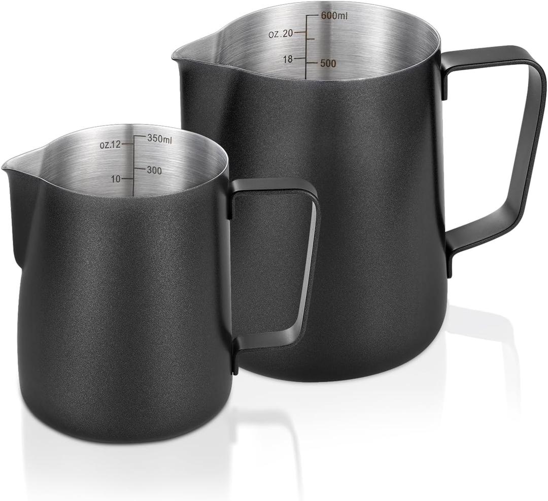 2 Pack Matte Black Milk Frothing Pitcher, 12oz/350ml & 20oz/600ml Espresso Steaming Pitcher, Stainless Steel Milk Frother Steamer Cup, Perfect for Espresso Coffee Cappuccino Latte Art