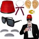 8 Pcs Halloween Old Man Costumes Accessories, Red Fez Hat, Gray Beard Eyebrow, Black Square Glasses, Fake Ears, Long Silk Bow Tie for Halloween Men Cosplay Dress up