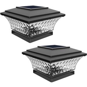 HUYIENO Solar Post Cap Lights Outdoor LED Lighting Deck Fence Cap Light Two Light Modes Warm White/Bright White Suitable for 4x4 Wooden Posts Black 2PK
